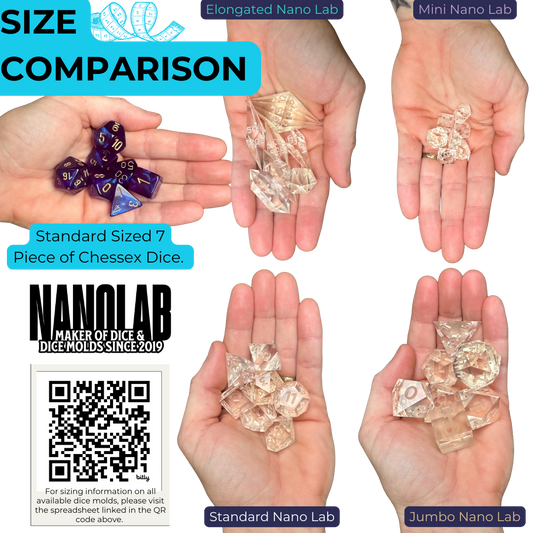Size comparison collage: hand holding standard Chessex dice next to Nano Lab Maker standard, elongated, jumbo, and mini polyhedral dice sets.
