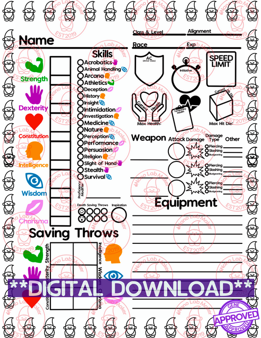 Colorable Gnome Simplified Character Sheet