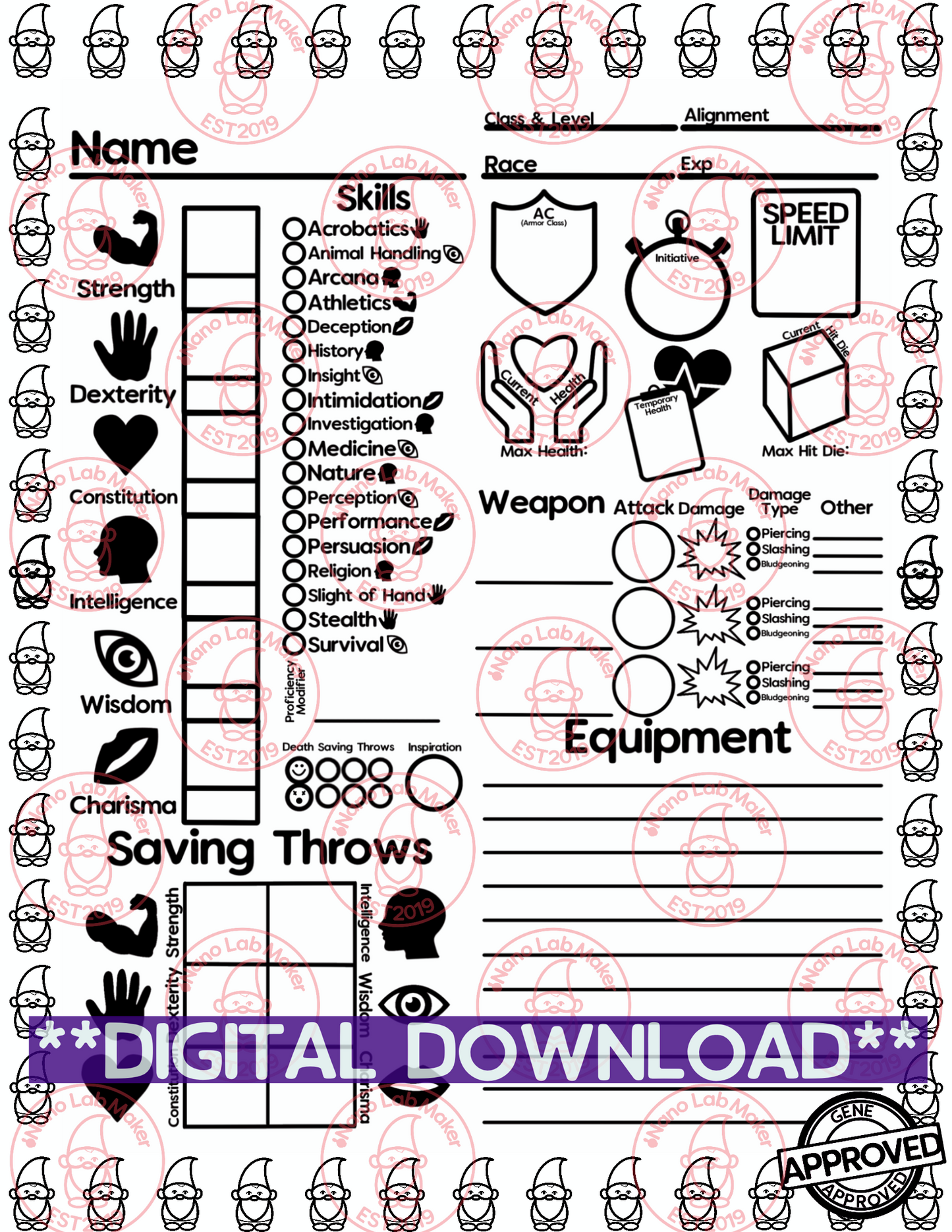 Colorable Gnome Simplified Character Sheet