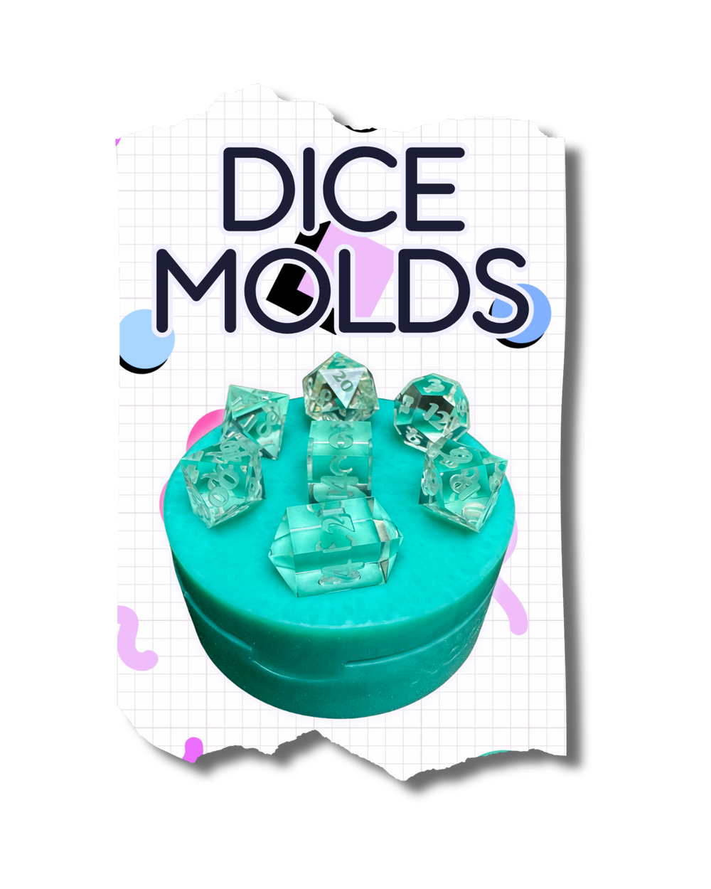 Layered view of Nano Lab Maker silicone dice molds showcasing a closed mold with master dice on top illustrating shape and font, and an open mold behind revealing keying and individual dice cavities.