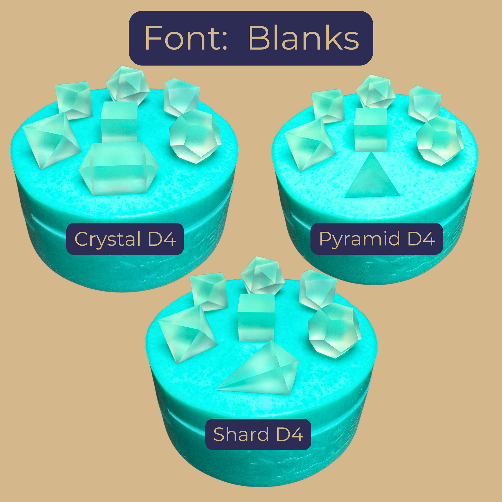 Nano Lab Maker jumbo polyhedral molds in blanks and Pyramid, Crystal, and Shard d4 master dice on top.