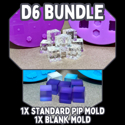 Shown is the Pip D6 Dice Mold in addition to the accompanying D6 Blank Mold which are sold at a lower cost together. 