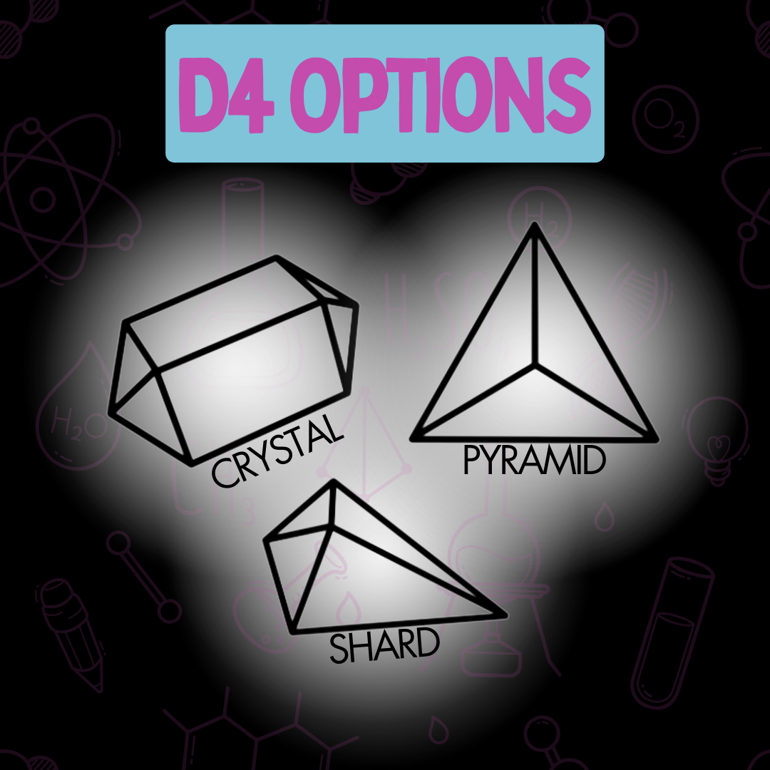 Shown are the crystal, pyramid and shard d4's which are choices when you purchase this dice mold. 