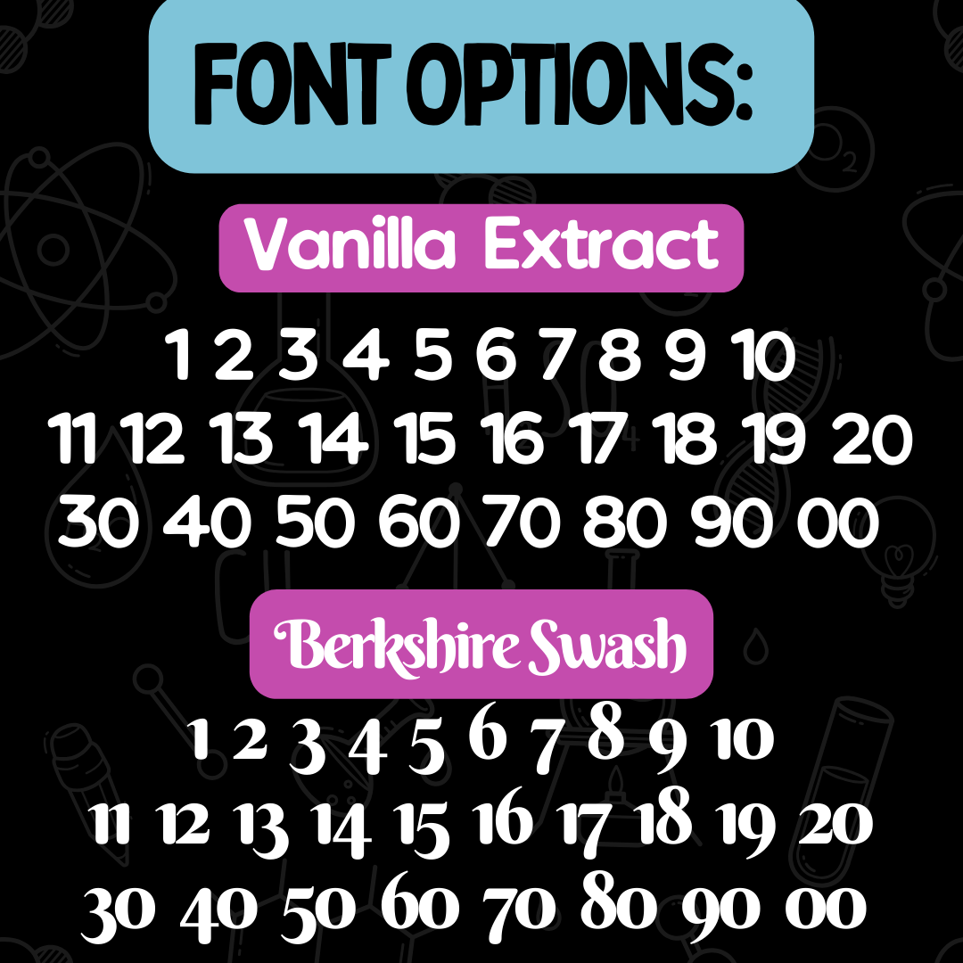 Font Options available for Standard 7 Piece Dice Molds. The font options available are Vanilla Extract - a block type font and Berkshire Swash a more whimsical font. 