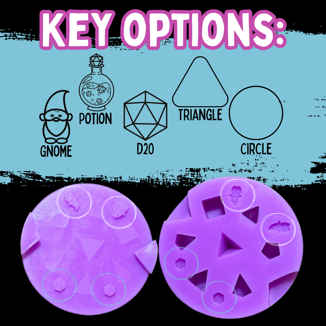 shown are dice mold key designs that are available in these molds. The dice mold keys show orientation of the mold as well as keep the mold in place during dice casting. 