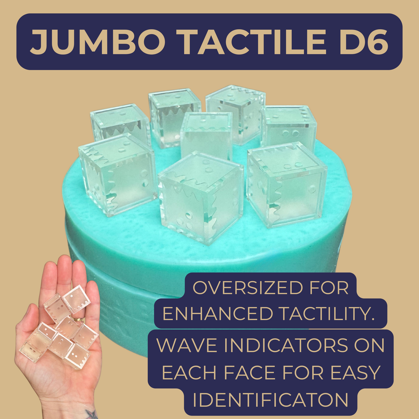 Nano Lab Maker oversized 25mm Braille D6 dice on a mold, held in a hand to show size. Text overlay: 'Oversized for enhanced tactility' and 'Wave indicators on each face for easy identification.