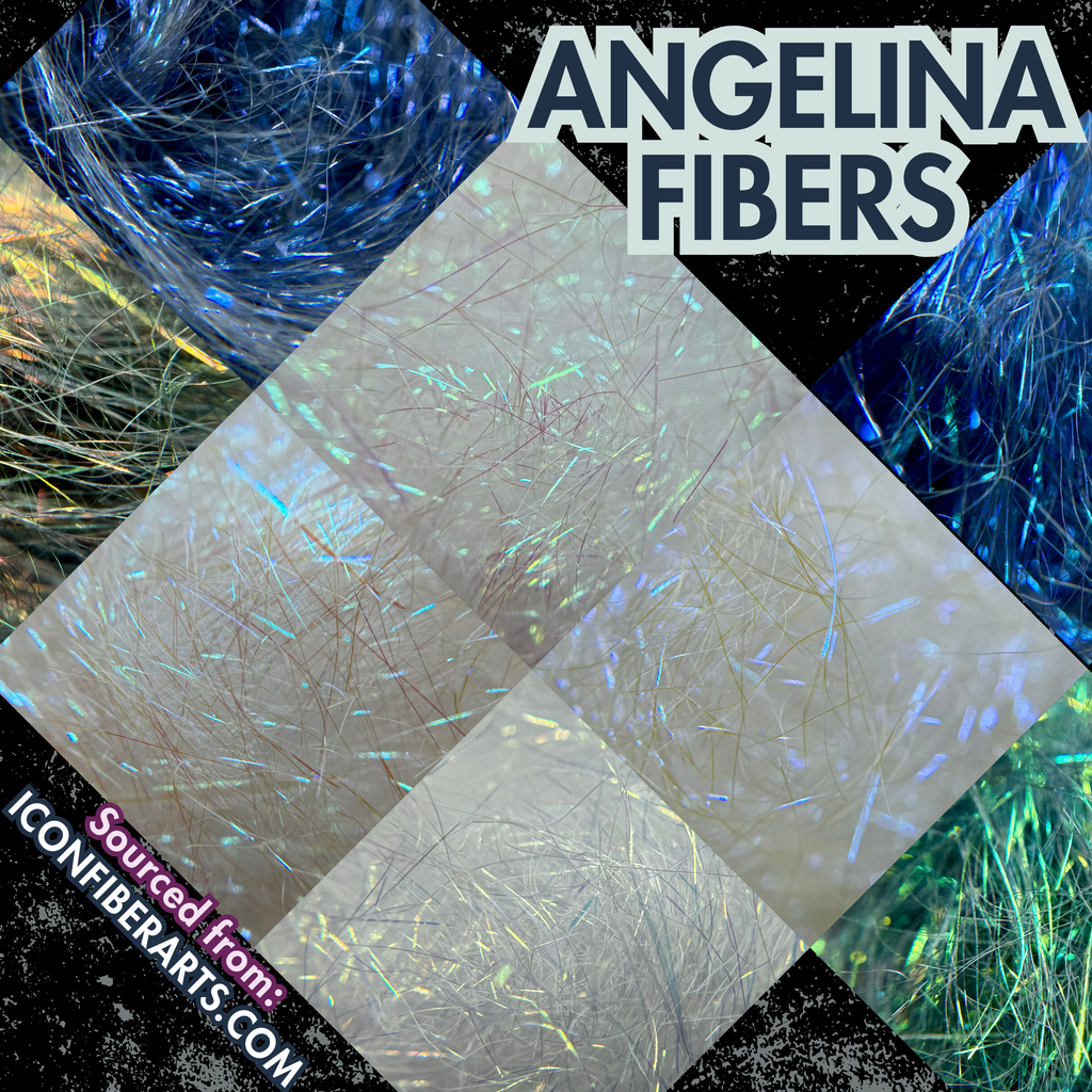 Angelina fibers product graphic with iridescent fiber photos, sourced from iconfiberarts.com