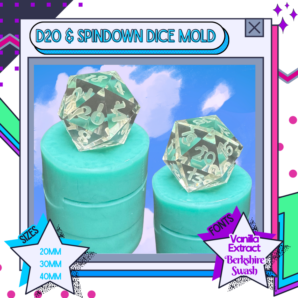 D20 and spindown silicone dice mold showing 20mm, 30mm, and 40mm size options and font names