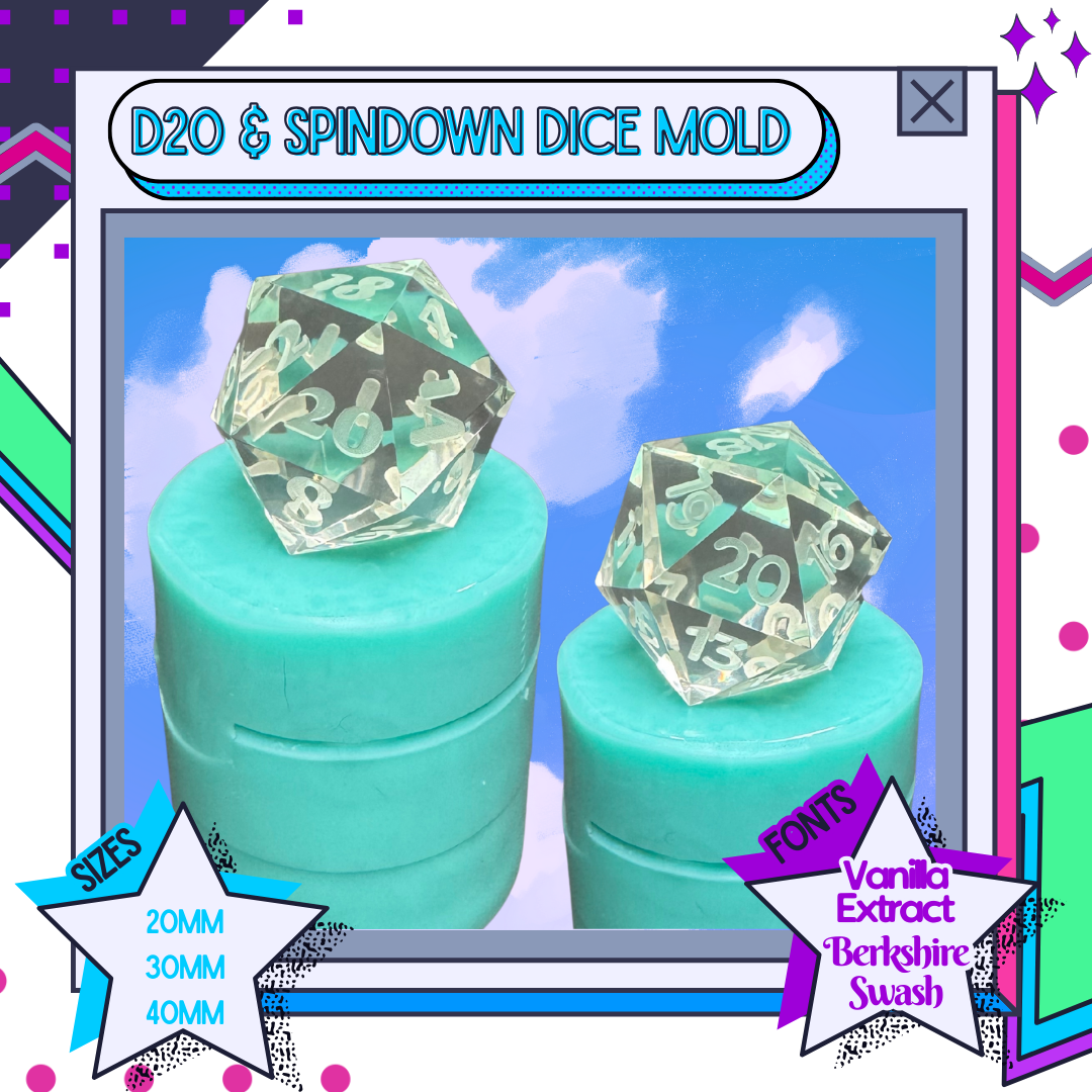 D20 and spindown silicone dice mold showing 20mm, 30mm, and 40mm size options and font names