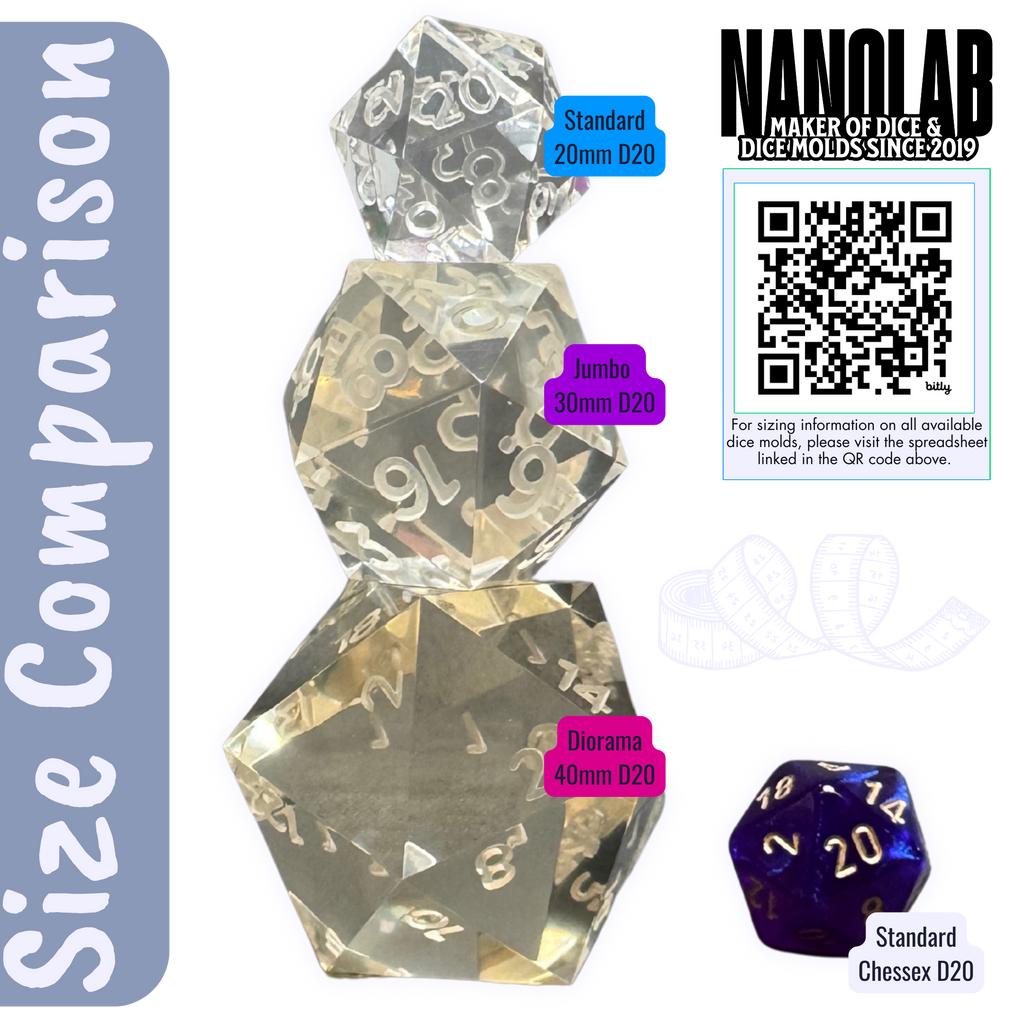 D20 and spindown dice mold size comparison