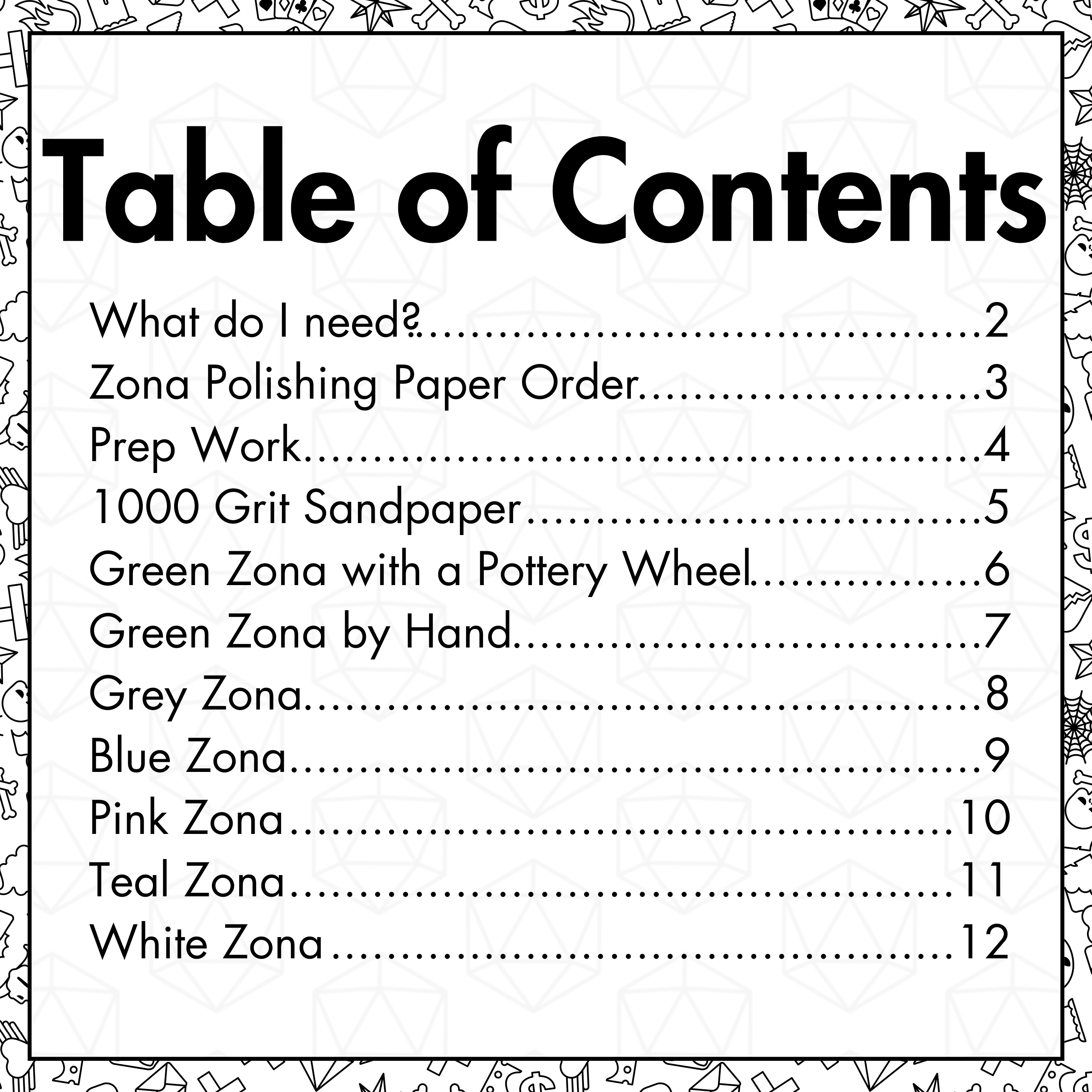 Table of contents page from Dice Polishing Survival Guide PDF