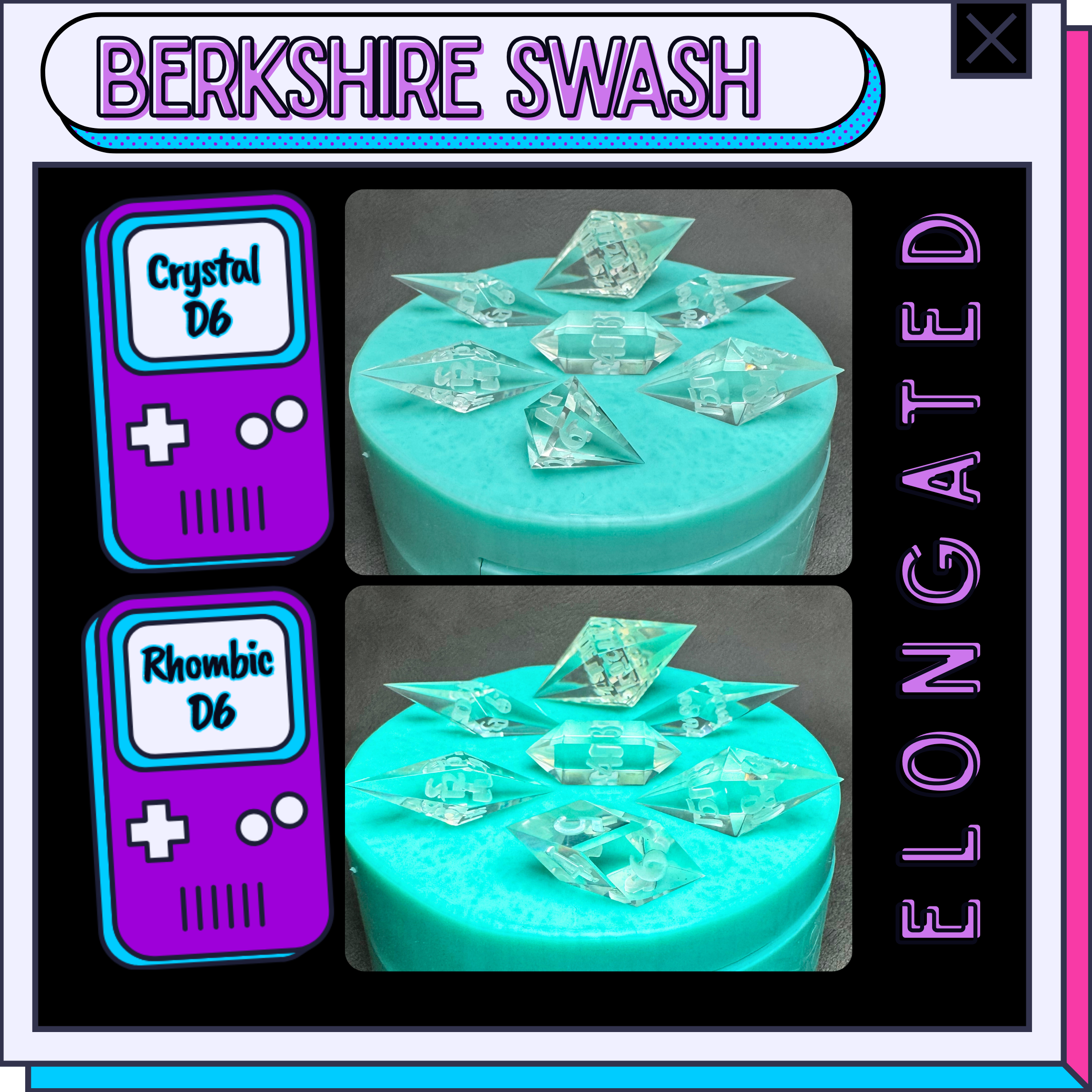 Elongated polyhedral dice mold font option: Berkshire Swash