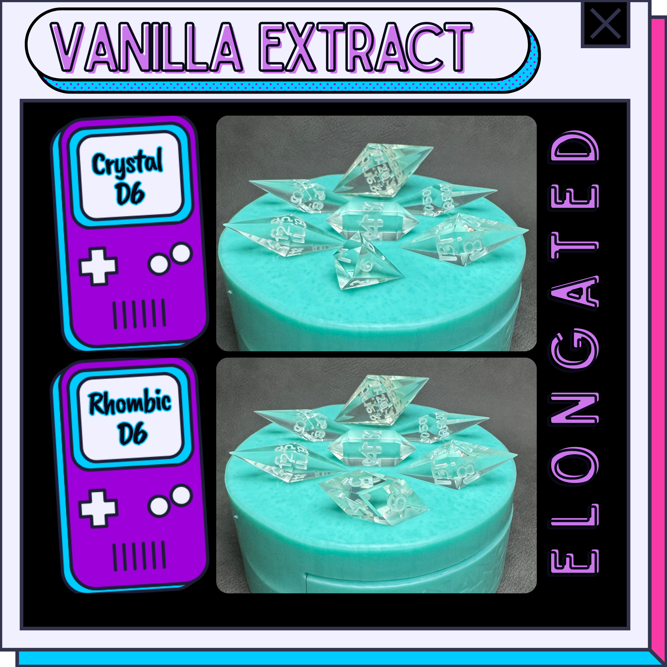 Elongated polyhedral dice mold font option: Vanilla Extract