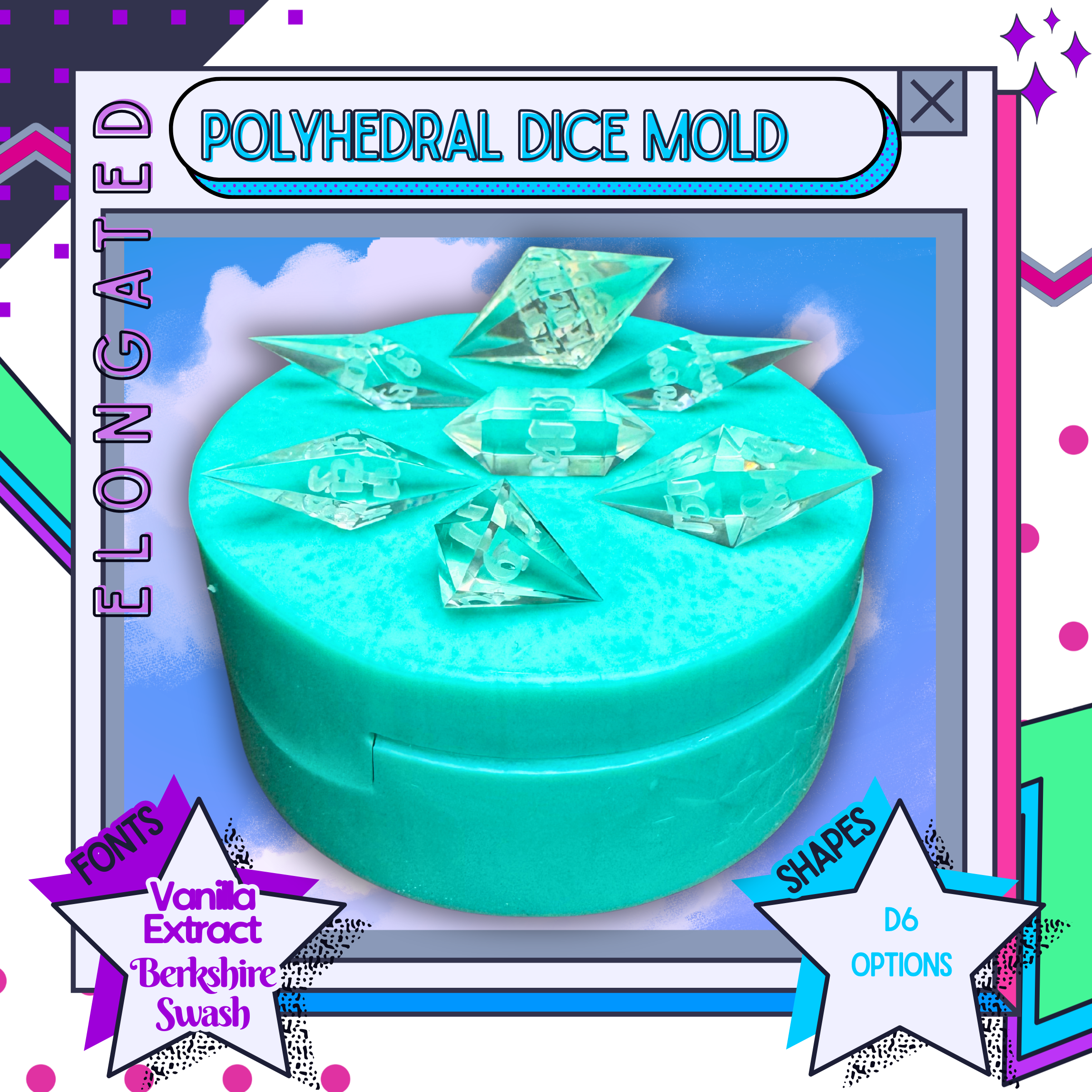 Elongated polyhedral silicone dice mold showing font choices and shape options