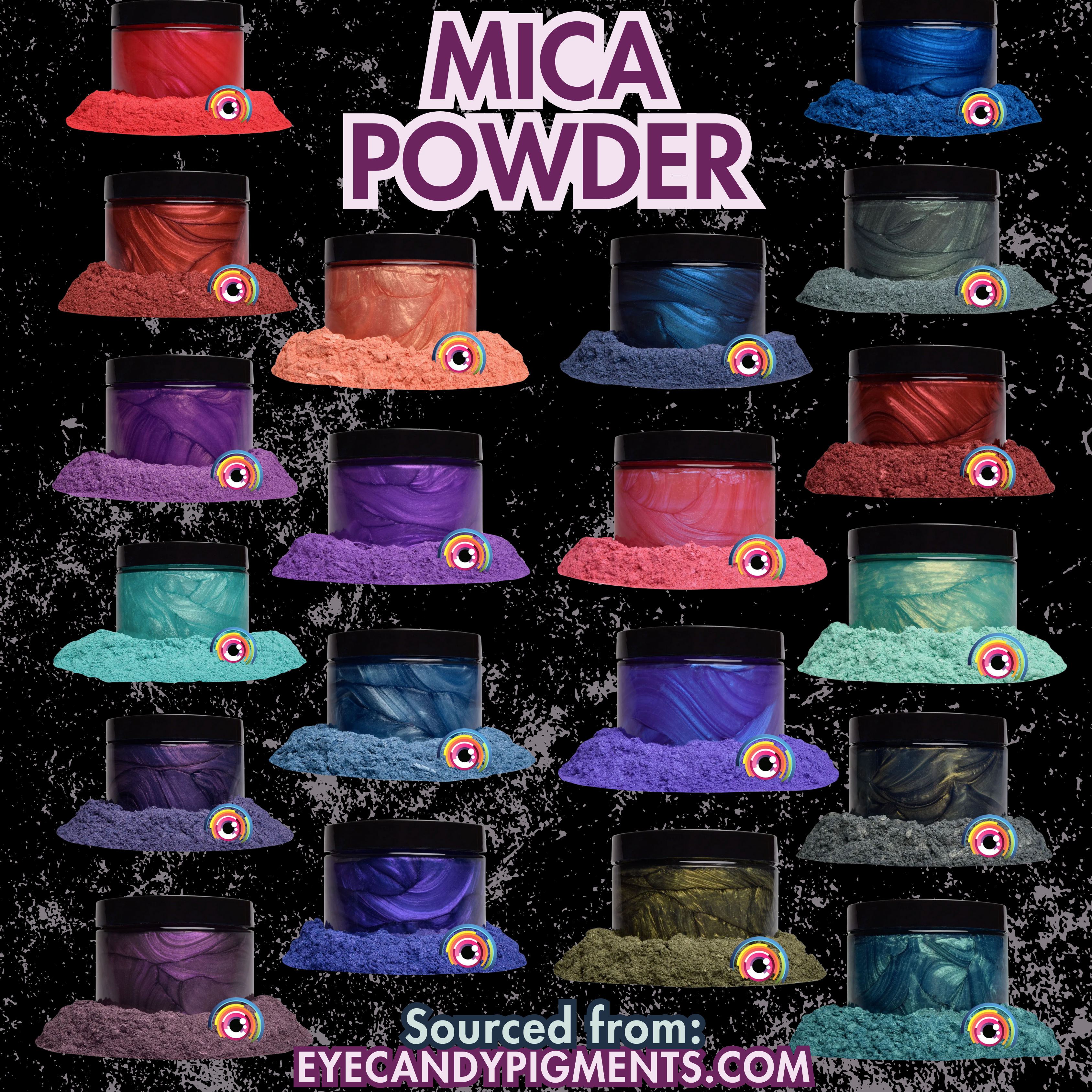 Mica powder pigment selection for resin dice, sourced from eyecandypigments.com