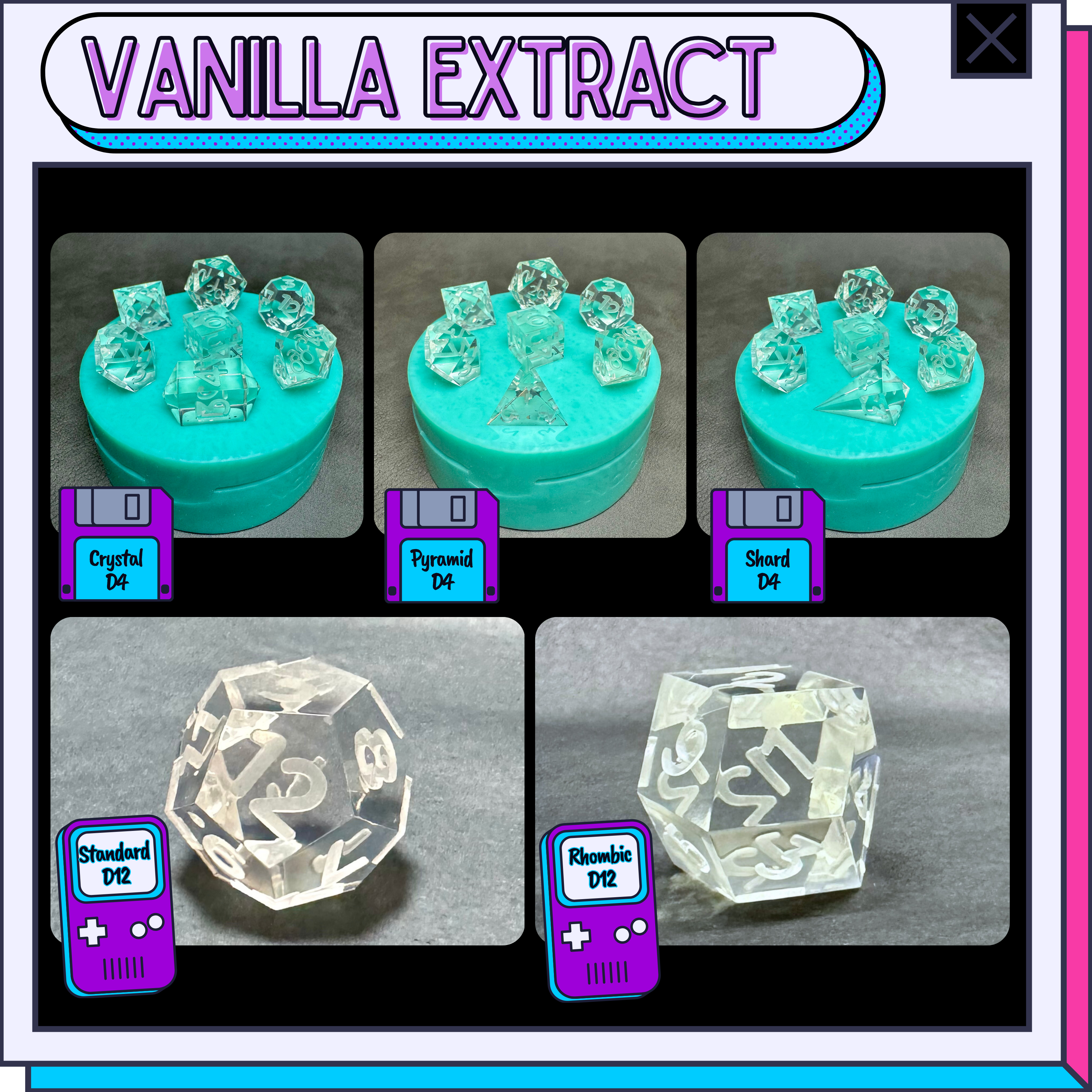 Polyhedral dice mold options overview graphic - Vanilla Extract Font