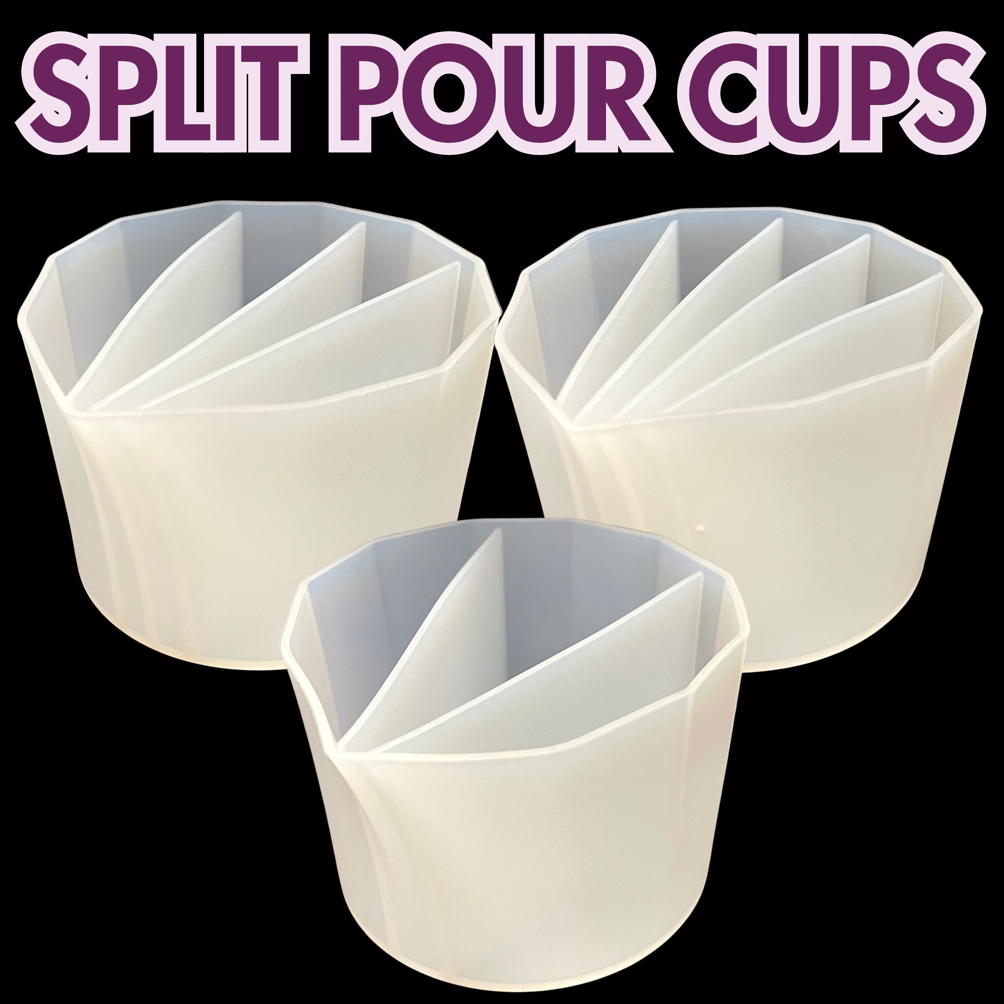 Three silicone split pour cups with dividers for multi-color resin pours