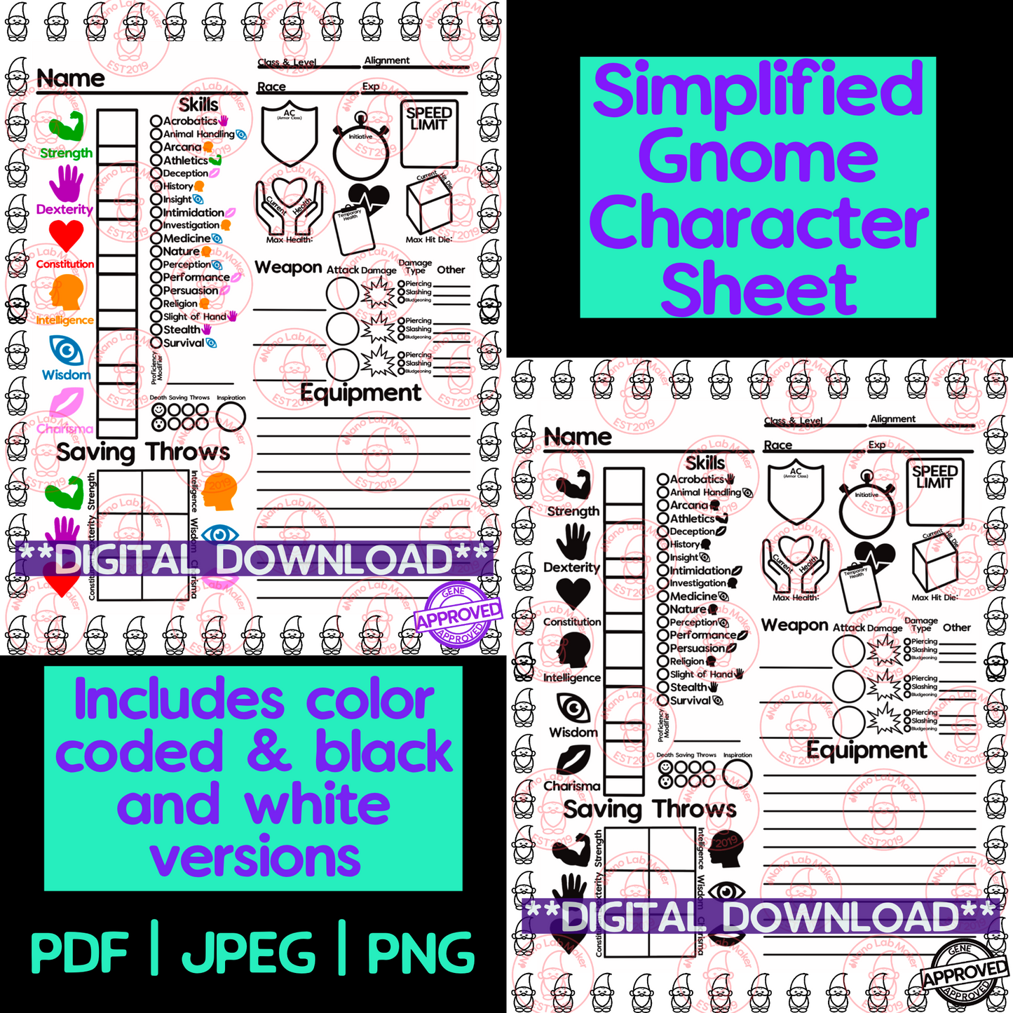 Colorable Gnome Simplified Character Sheet