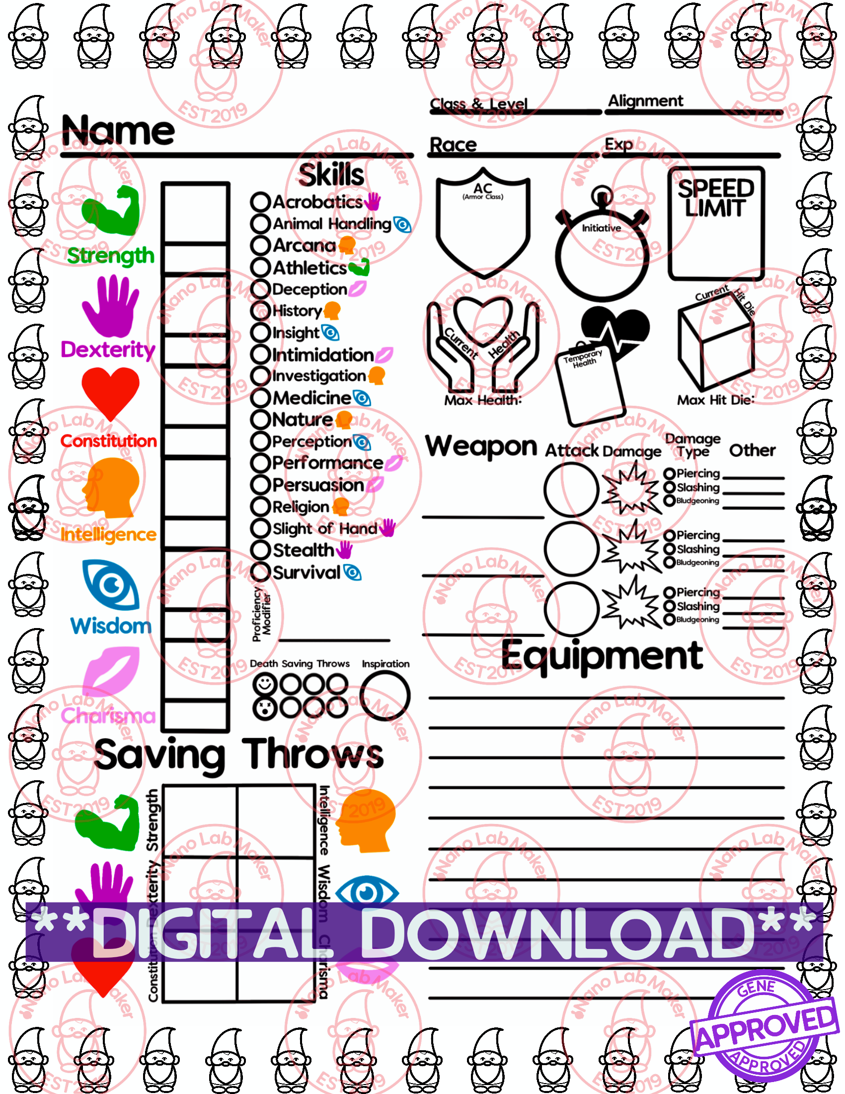 Colorable Gnome Simplified Character Sheet
