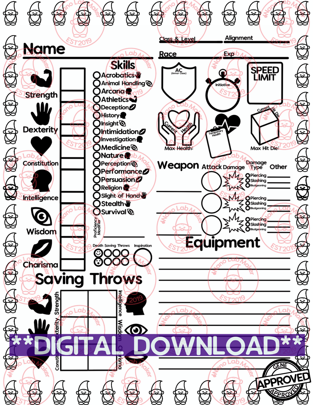 Colorable Gnome Simplified Character Sheet