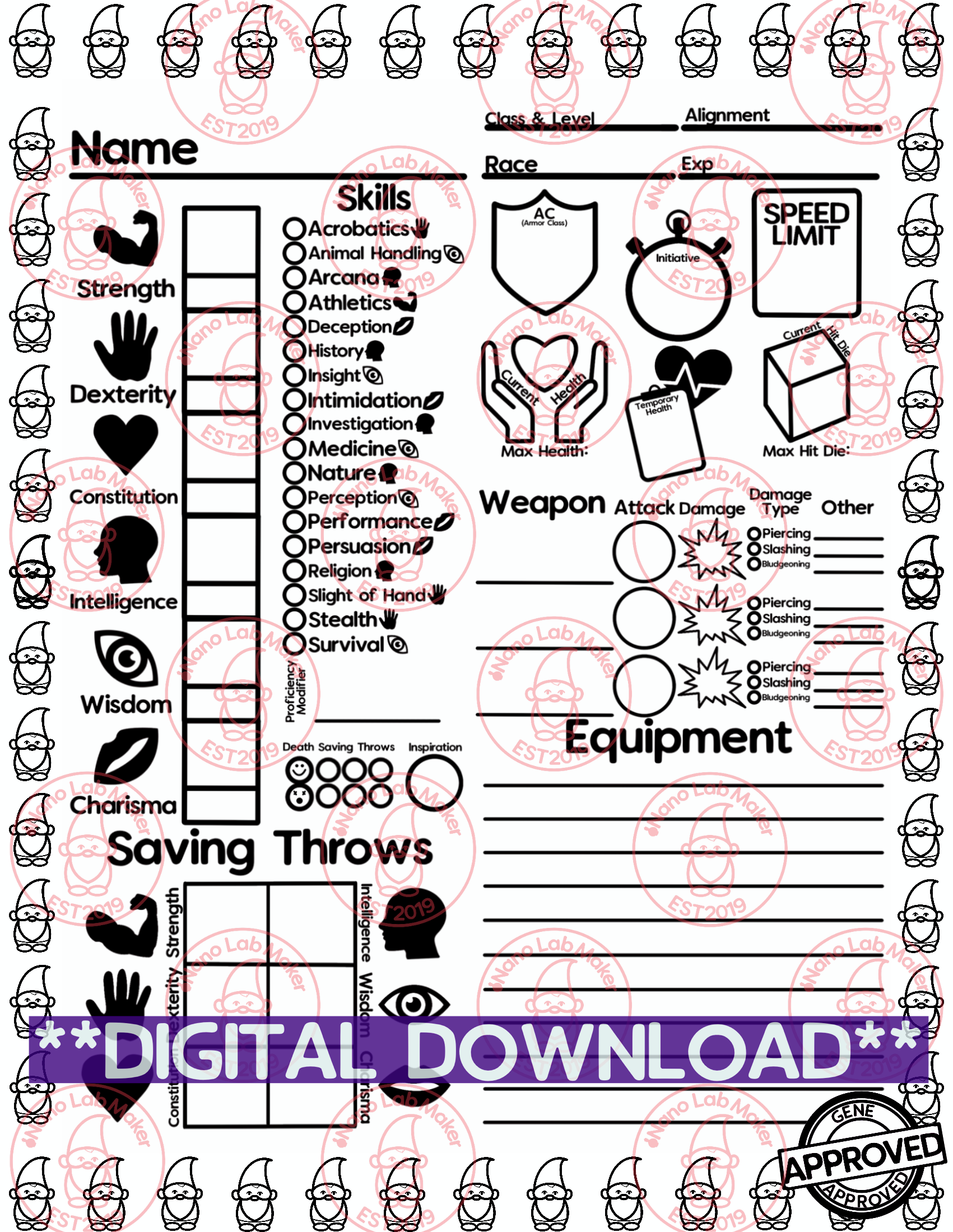 Colorable Gnome Simplified Character Sheet