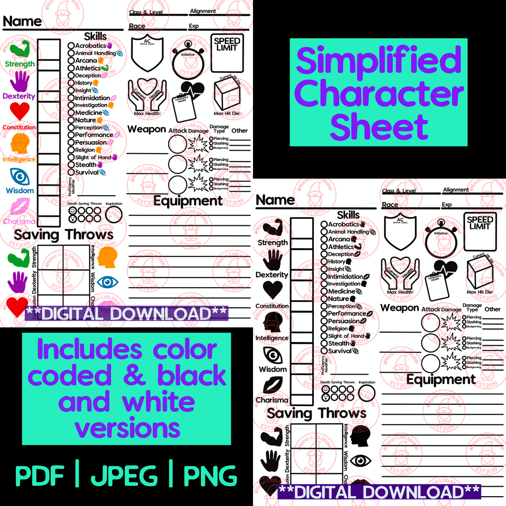 Simplified printable RPG character sheet download